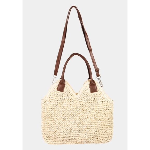 fame accessories Handbags - Leather Strap Straw Knit Shoulder Bag